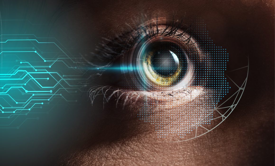 close up view of human eye with data illustration
