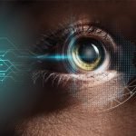 close up view of human eye with data illustration